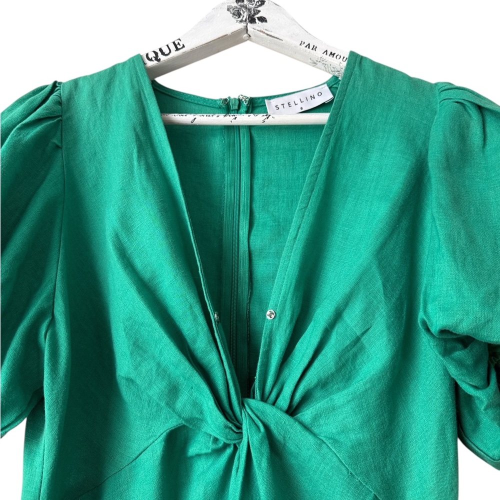 Stellino Midi Dress Pouff Sleeve In Green Linen Size AU 8 US 4 S - Picture 5 of 8